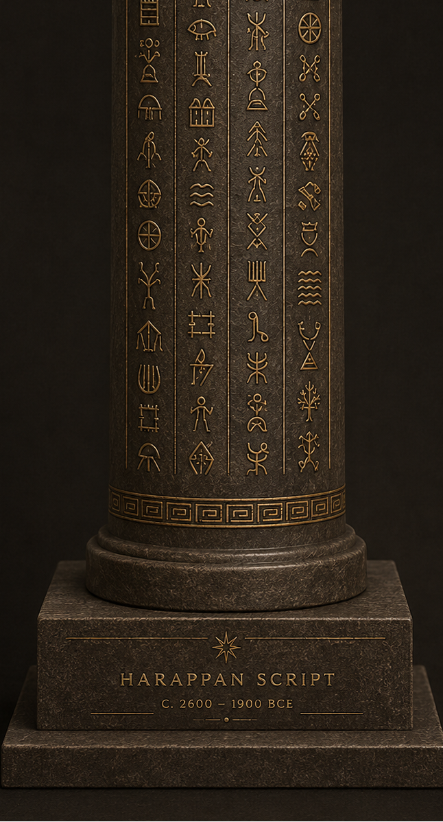MELŪ Script Display Column — Indus Script Edition Stone-Finish Resin