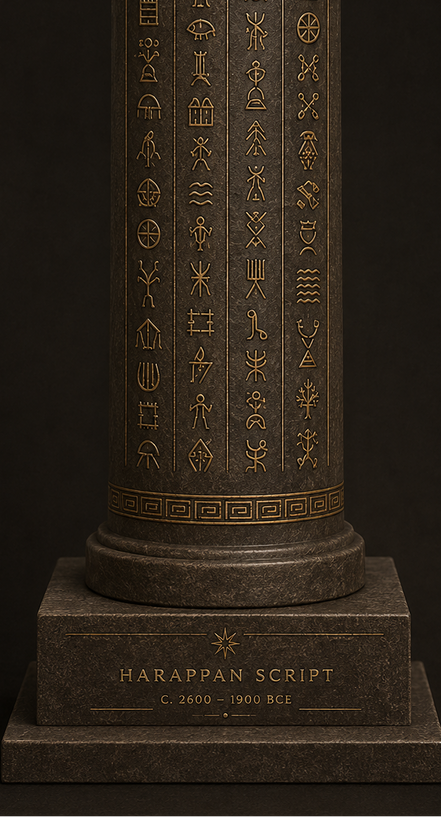 MELŪ Script Display Column — Indus Script Edition Stone-Finish Resin