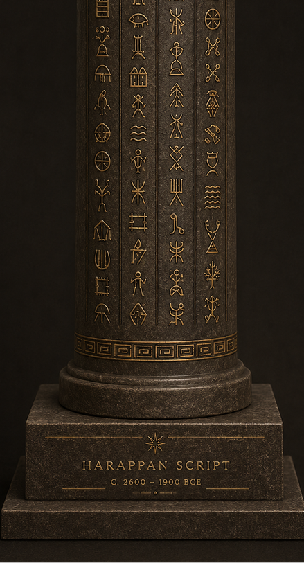 MELŪ Script Display Column — Indus Script Edition Stone-Finish Resin