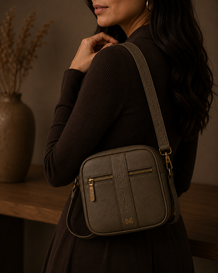 MELŪ Women's Sling Bag — Heritage Stripe Sling Olive Stone — Full Grain Pebbled Leather