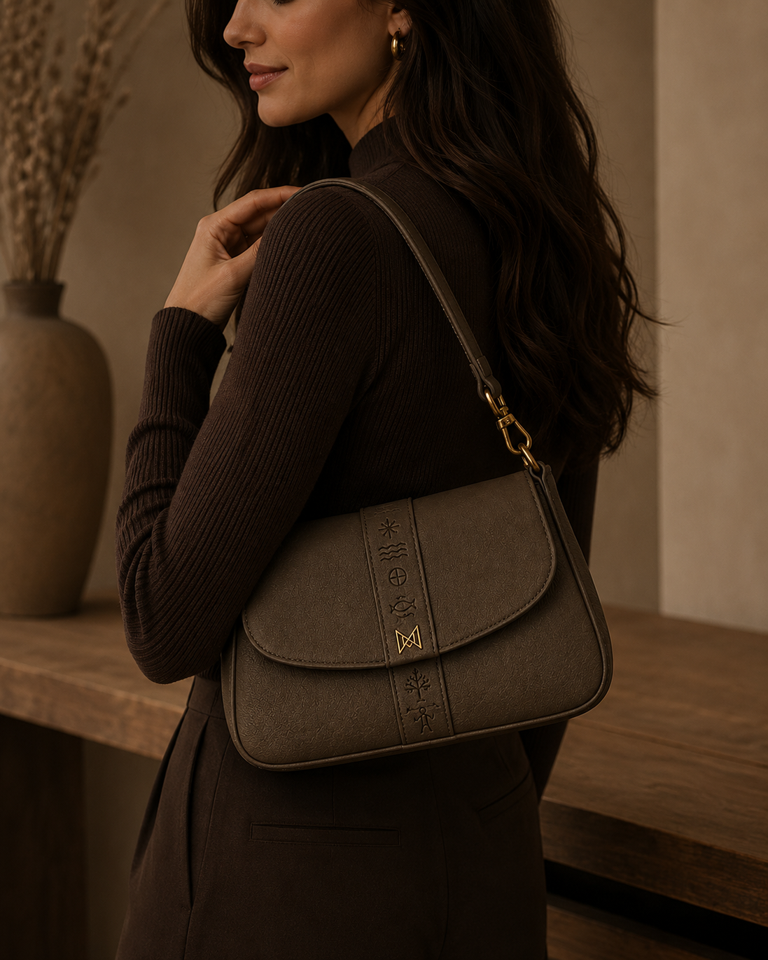 MELŪ Heritage Shoulder Bag — Olive Stone Waxed Pebbled Leather