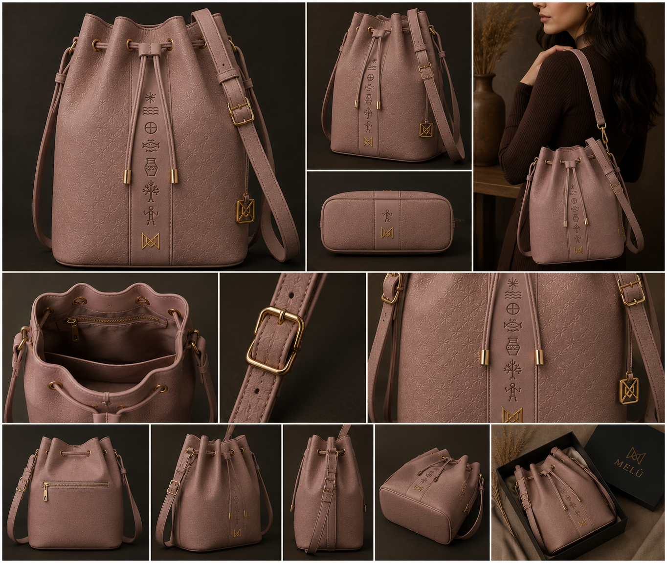 MELŪ Women's Bucket Bag — Heritage Bucket Bag Muted Mauve — Full Grain Pebbled Leather