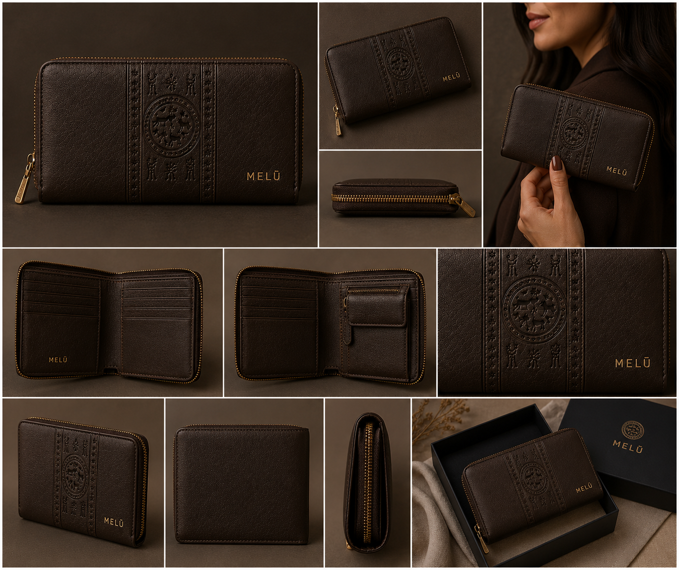MELŪ Women's Long Wallet — Seal Brown Smooth Leather — Zip Around
