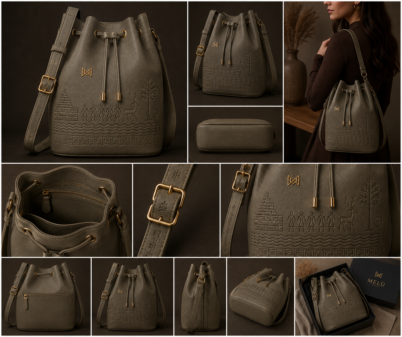 MELŪ Women's Bucket Bag — Harappan Bucket Bag Sage Green — Full Grain Pebbled Leather