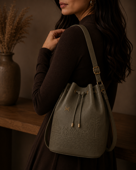 MELŪ Women's Bucket Bag — Harappan Bucket Bag Sage Green — Full Grain Pebbled Leather